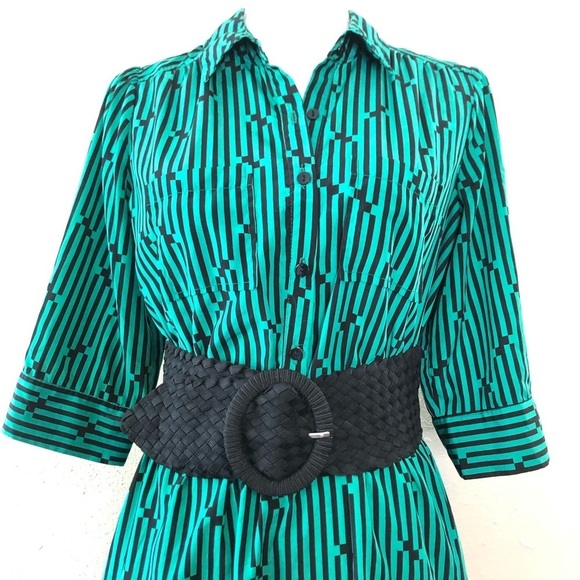 IZ Byer Green and Black Striped dress with 3.5 in wide woven elastic belt Sz M - Picture 9 of 14